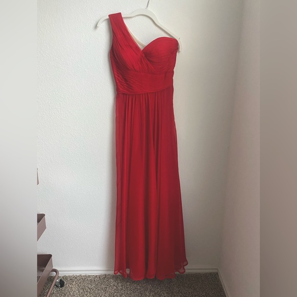 La Femme Dresses & Skirts - Red Evening Gown with Sheer Back and One Shoulder, Prom Pageant